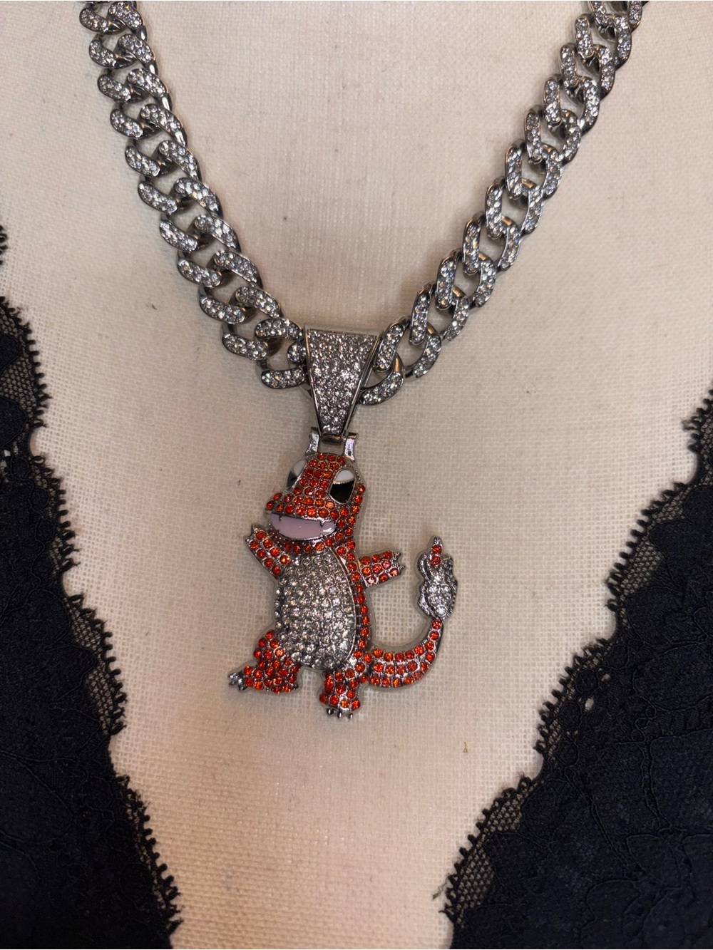 Crystal Pave Silver Tone CHARMANDER Pendant Necklace Pokemon